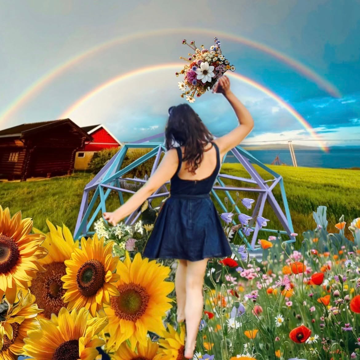 Dancing in a wildflower field with a double rainbow at Utspring