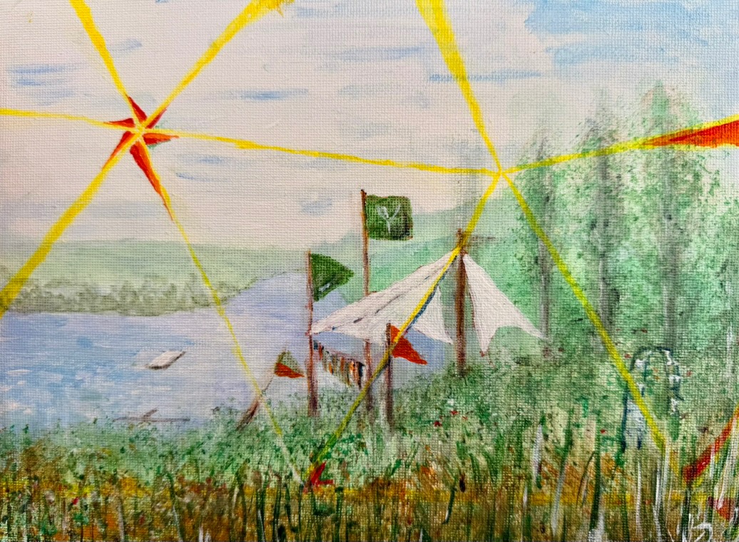 Painting of the lakeside camp with tents and flags at Utspring